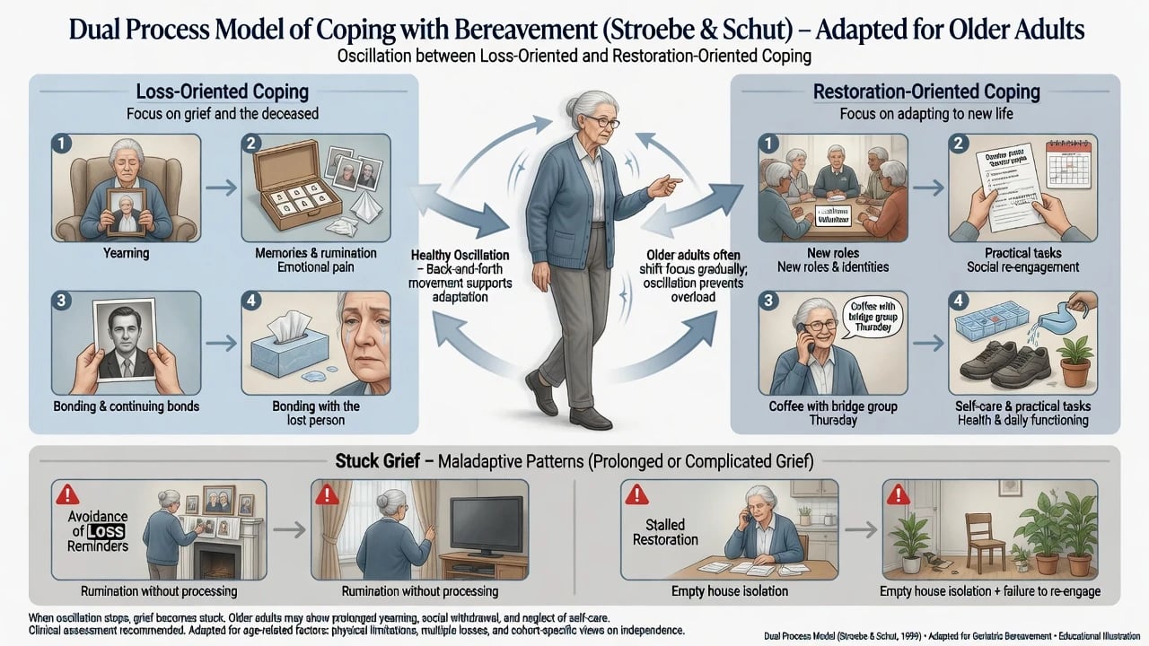 Dual process model diagram for older adults showing oscillation between loss-oriented and restoration-oriented coping with a stuck-grief panel