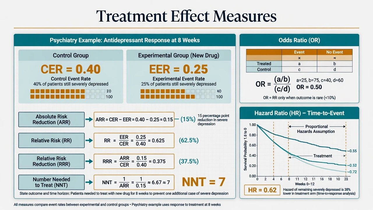 Treatment effect measures showing CER, EER, ARR, RR, RRR, NNT, odds ratio panel and hazard ratio concept