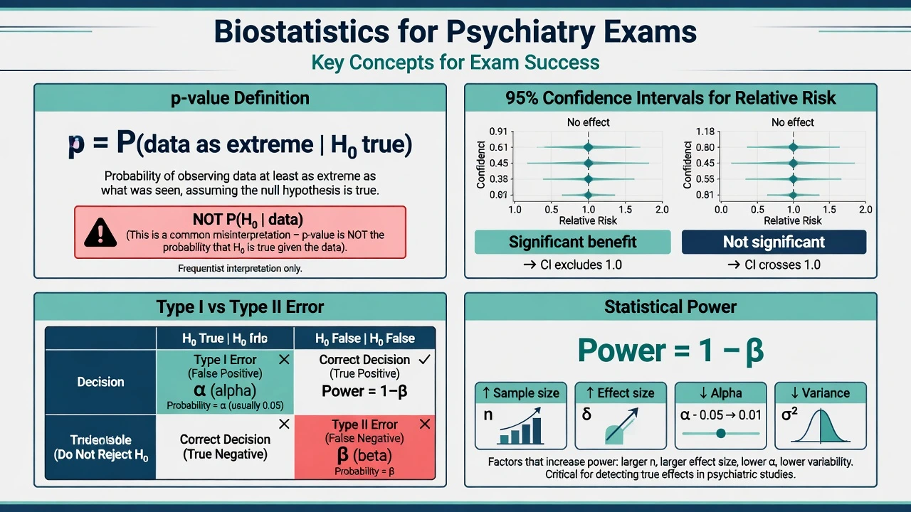 Infographic of p-value definition, 95% confidence intervals for relative risk, Type I versus Type II error grid, and statistical power formula