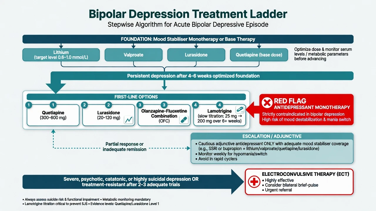 Bipolar depression treatment ladder with first-line options and antidepressant monotherapy red flag