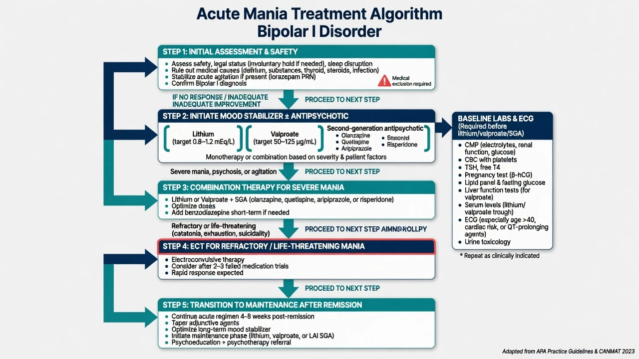 Stepwise acute mania treatment algorithm from safety to maintenance