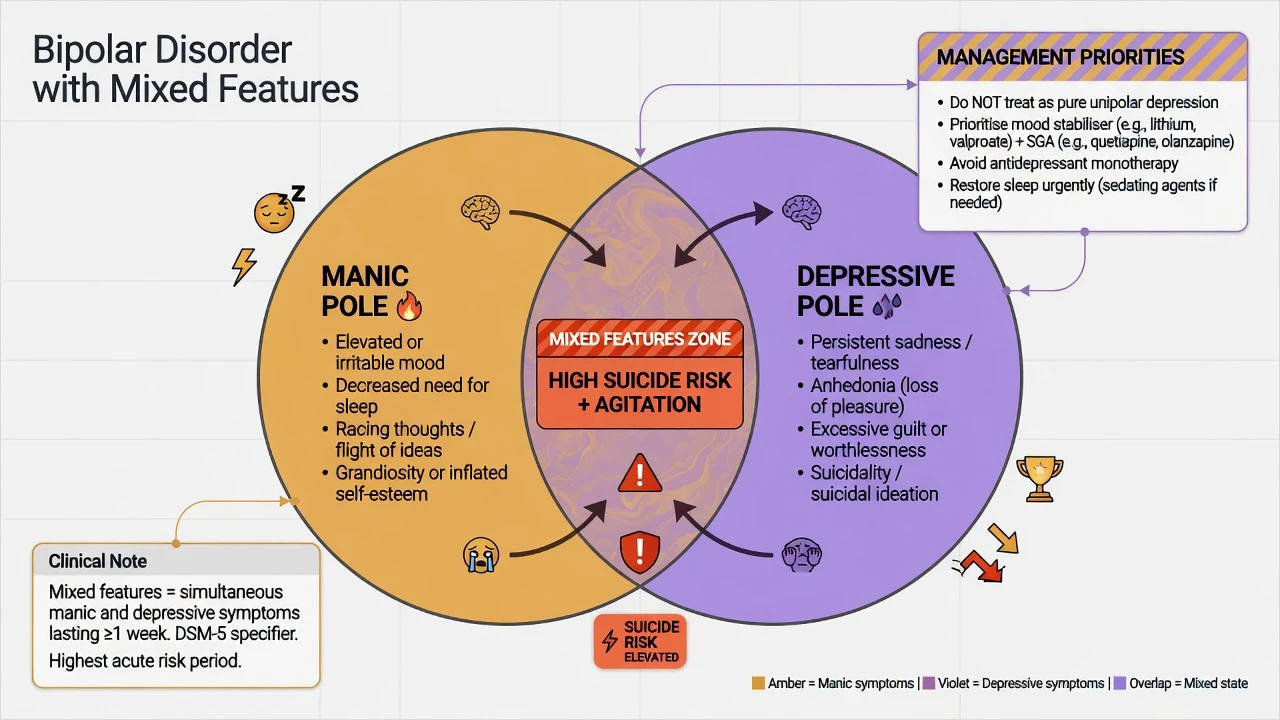 Venn diagram of manic and depressive poles overlapping as mixed features with high suicide risk