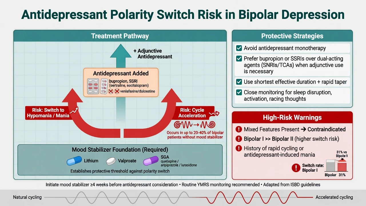 Antidepressant polarity switch risk diagram with mood stabiliser foundation and protective strategies