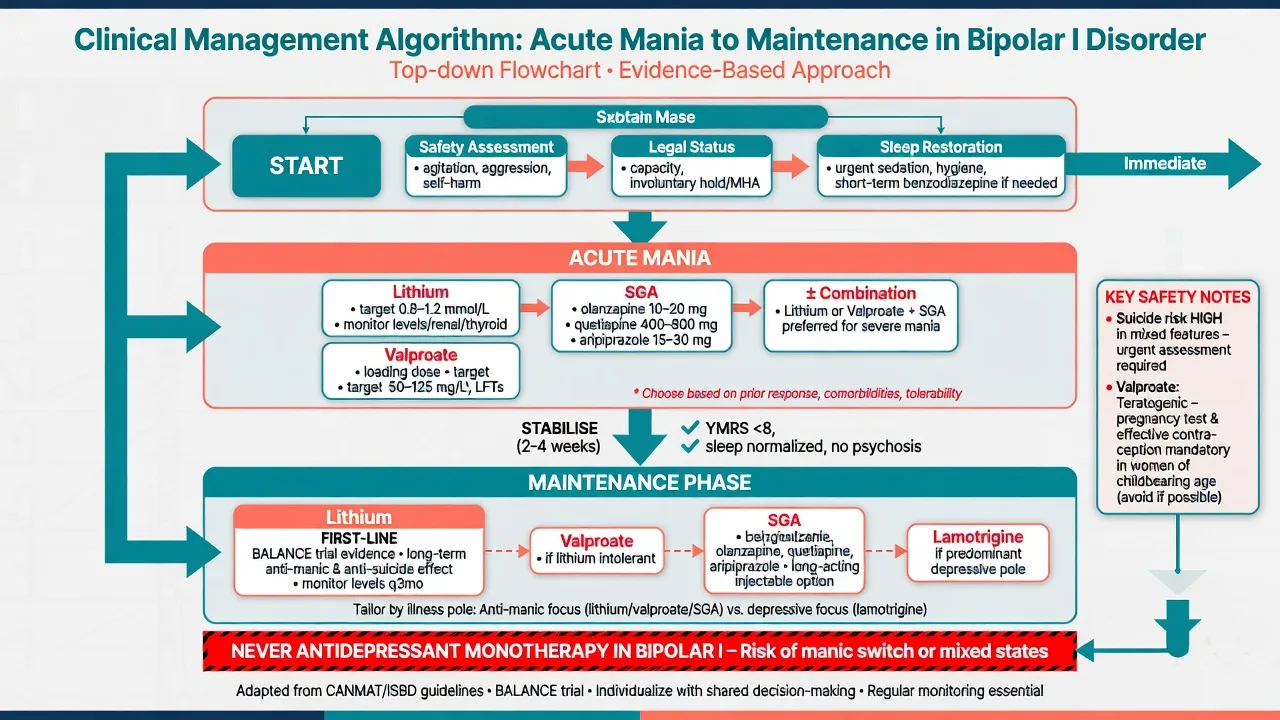 Acute mania to maintenance algorithm for bipolar I with lithium, valproate and SGA options