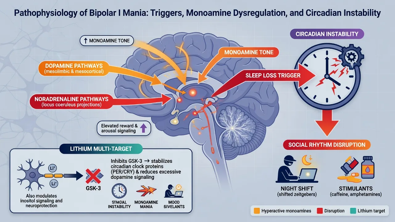 Circadian and monoamine mechanism map for bipolar I mania with sleep disruption triggers