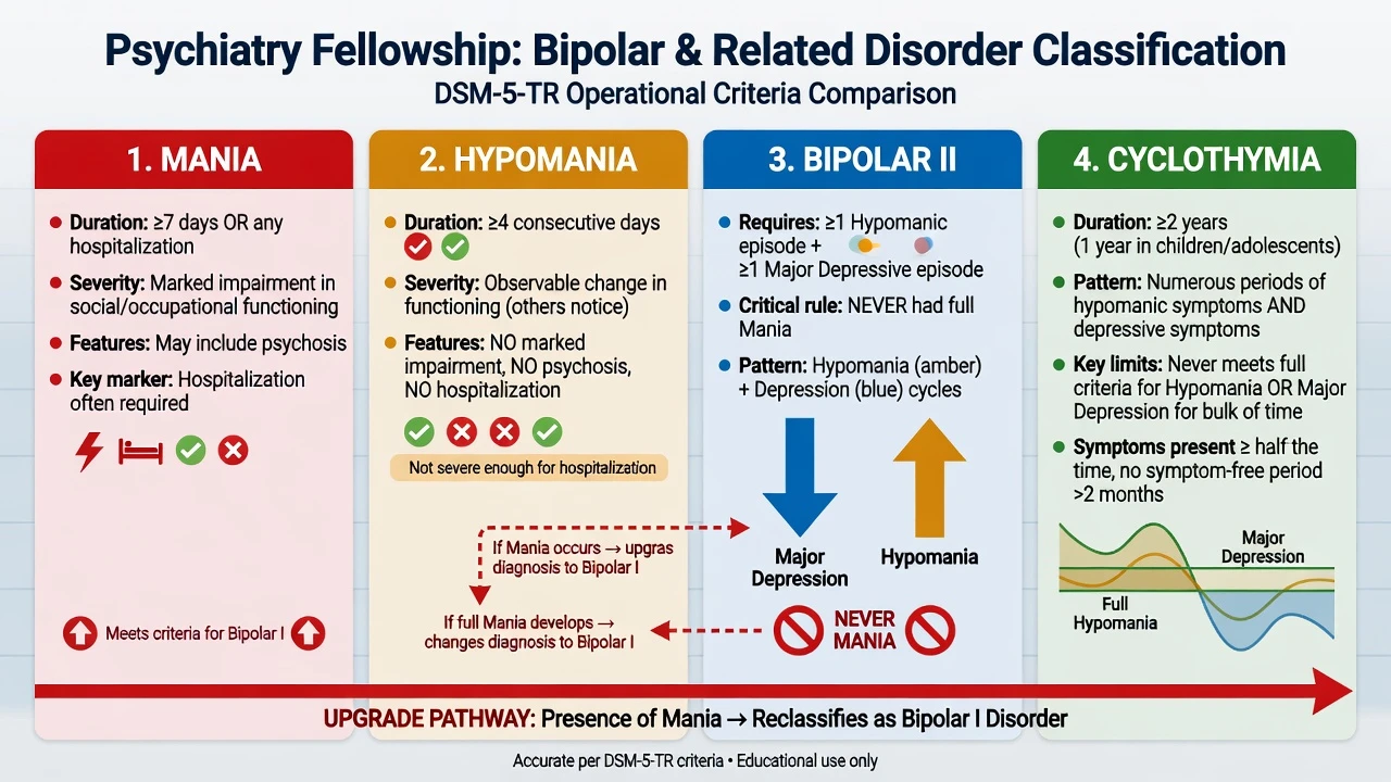 Four-panel classification map of mania, hypomania, bipolar II, and cyclothymia with operational duration and impairment criteria