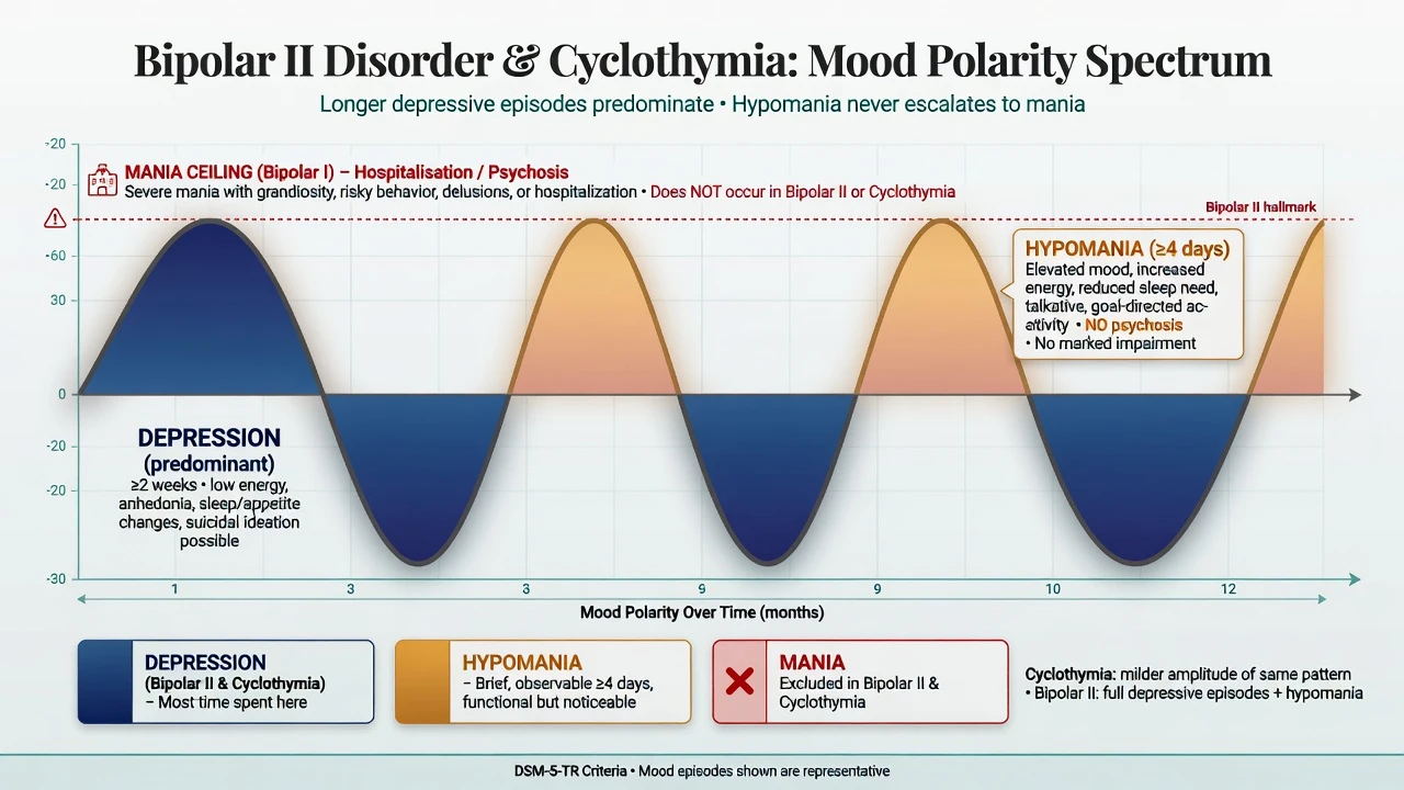 Educational mood spectrum illustration of bipolar II with predominant depression troughs and shorter hypomanic peaks below the mania hospitalisation ceiling