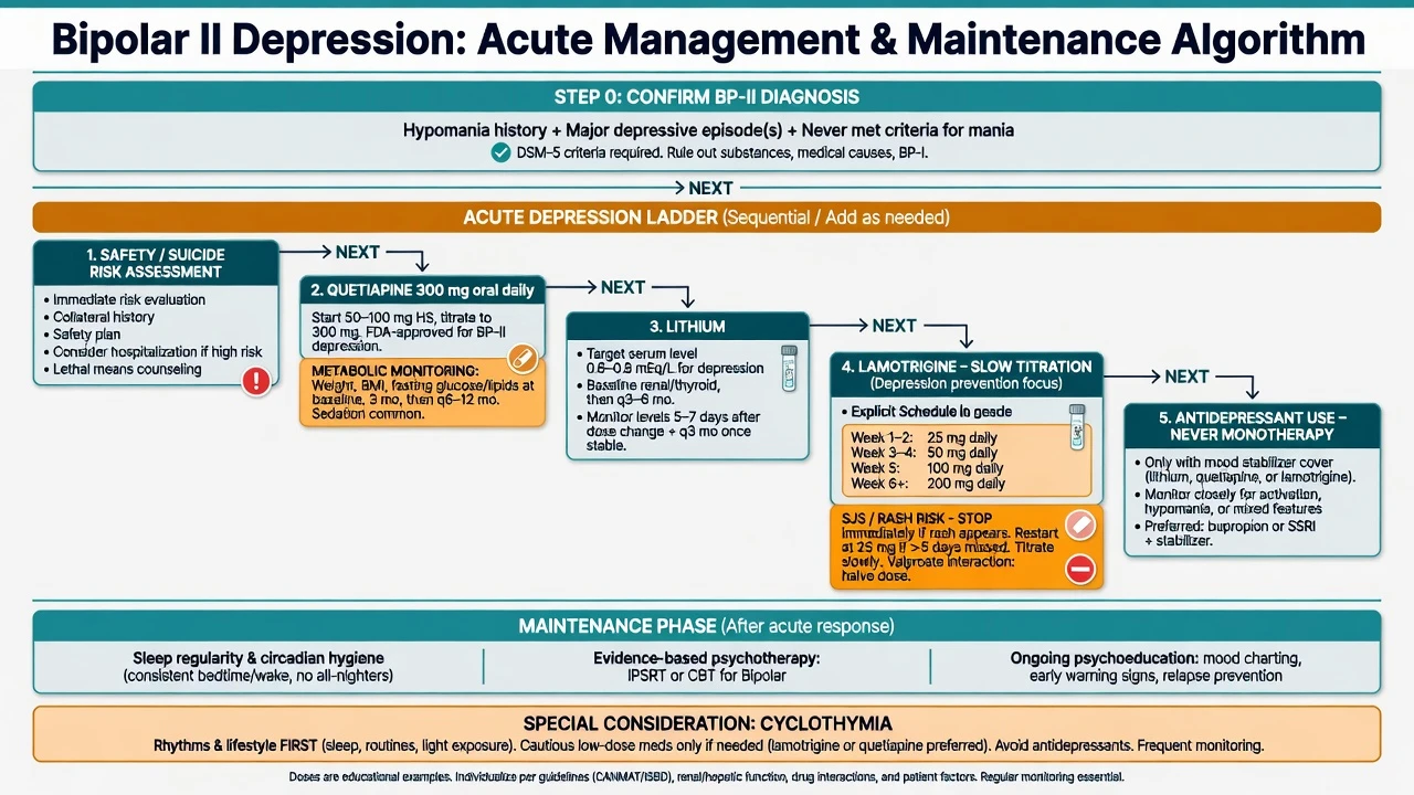Stepwise algorithm for bipolar II depression treatment including quetiapine, lithium, lamotrigine titration, and avoidance of antidepressant monotherapy