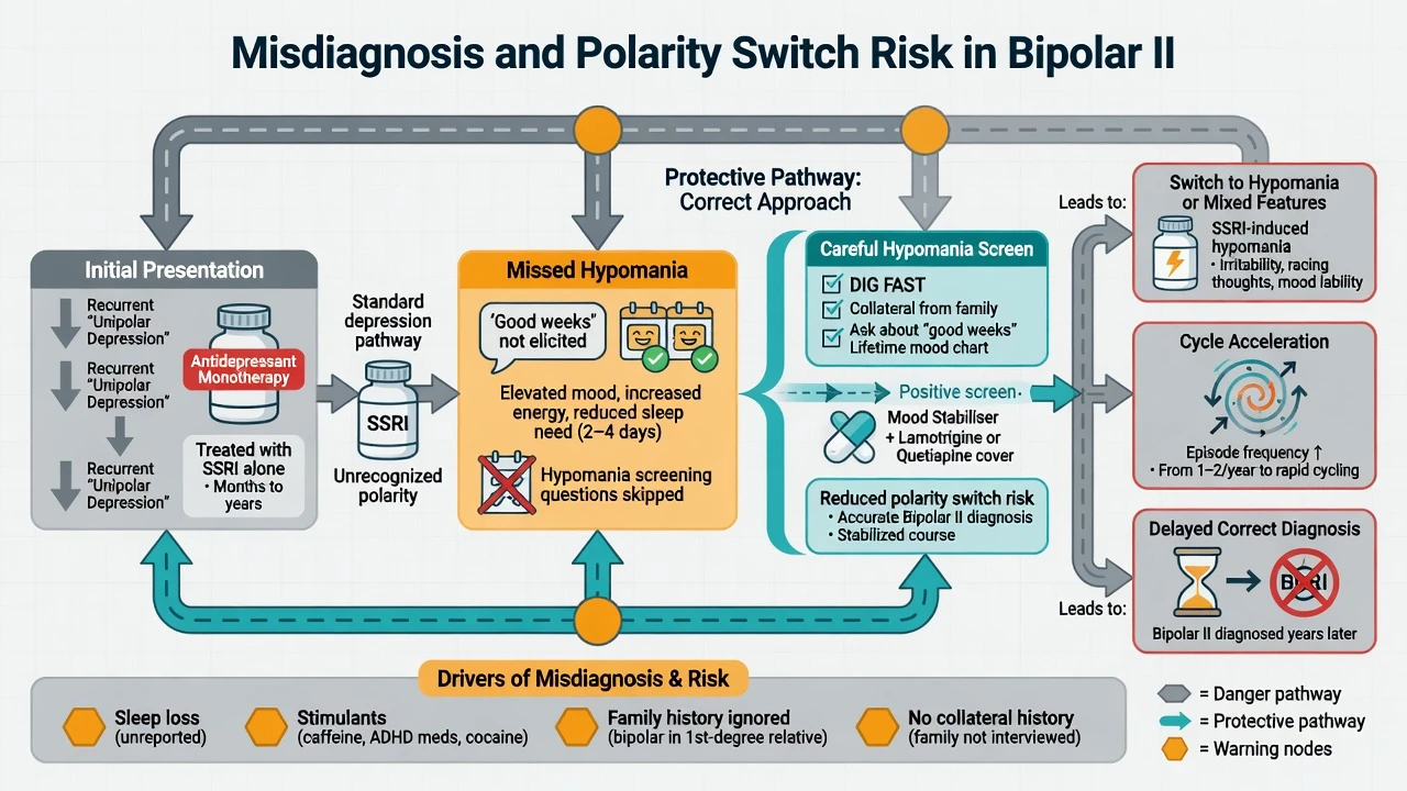 Pathway diagram of missed hypomania, antidepressant monotherapy, polarity switch, and protective screening with mood-stabiliser pathways
