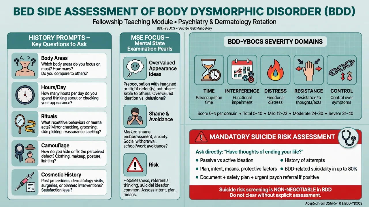BDD assessment panels: history, MSE, BDD-YBOCS domains, suicide risk