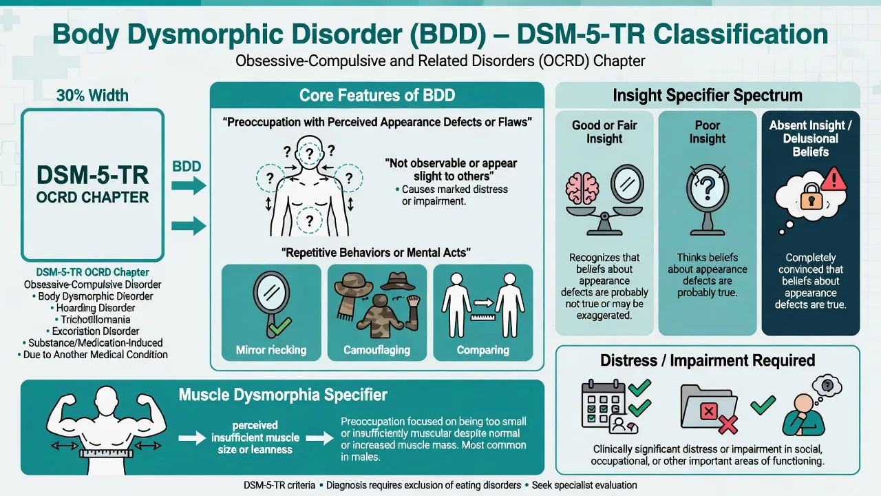 BDD classification: DSM-5-TR OCRD placement, core features, insight spectrum, muscle dysmorphia specifier