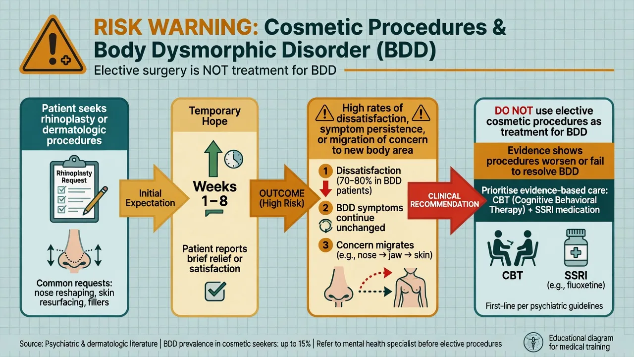 Pathway showing cosmetic procedures fail to cure BDD: dissatisfaction, symptom persistence, concern migration
