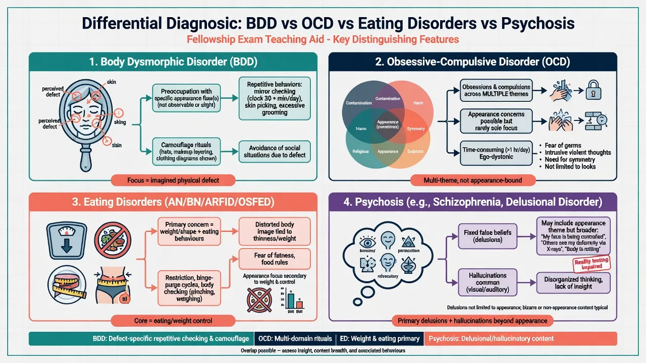 Differential panels comparing BDD, OCD, eating disorders, and psychosis