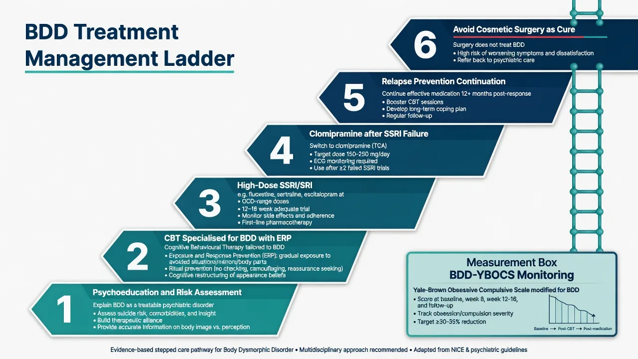 BDD management ladder from psychoeducation and CBT-BDD through high-dose SSRI, clomipramine, relapse prevention, and avoiding cosmetic surgery