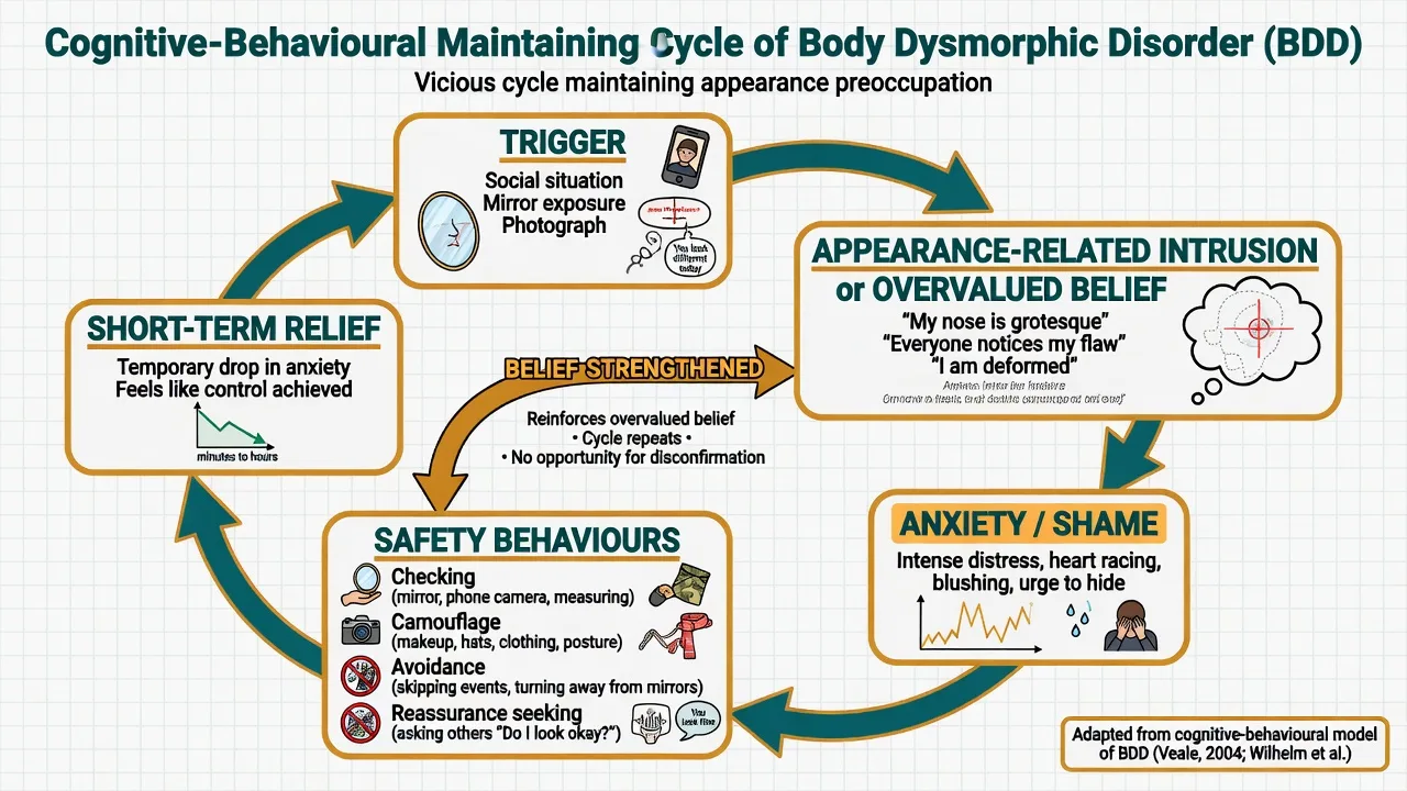 Cognitive-behavioural maintaining cycle of BDD: trigger, appearance belief, shame, safety behaviours, short relief, belief strengthened