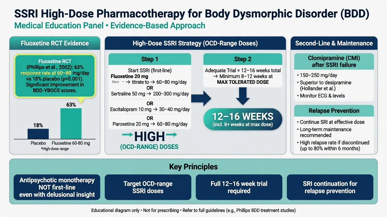 SSRI high-dose pharmacotherapy panel for BDD: fluoxetine evidence, trial duration, clomipramine second-line, relapse prevention