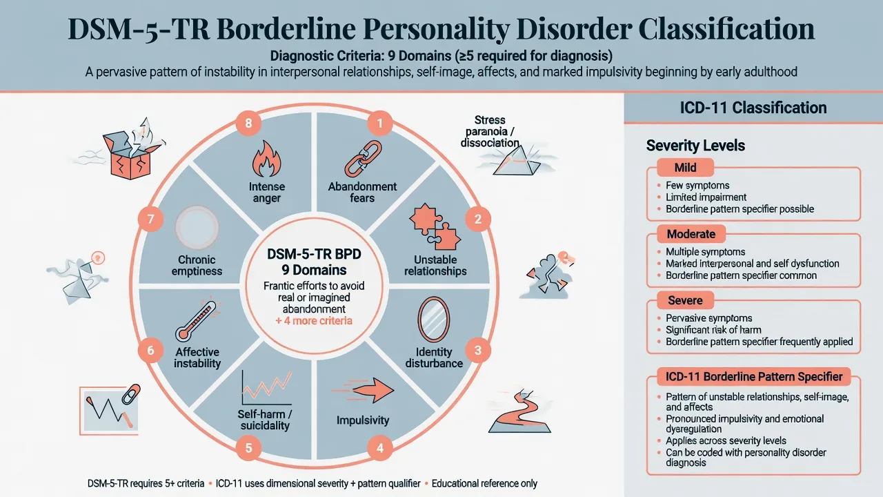 DSM-5-TR nine BPD domains ring diagram with ICD-11 severity and borderline pattern panel