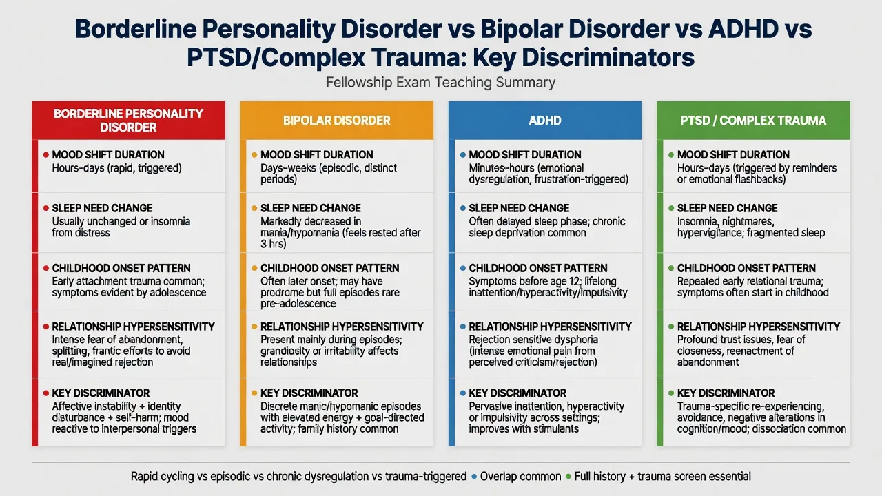 Four-column comparison of BPD vs bipolar vs ADHD vs PTSD complex trauma discriminators