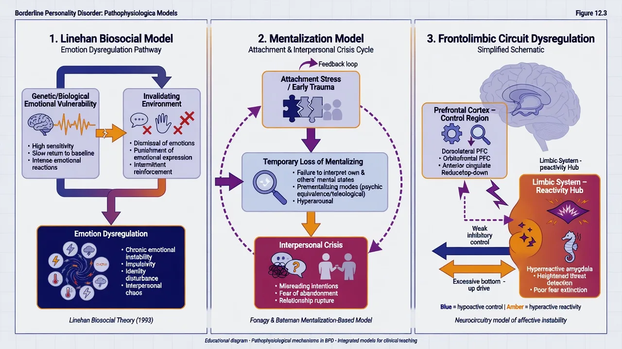 Three-panel BPD mechanisms: Linehan biosocial model, mentalization under attachment stress, frontolimbic schematic
