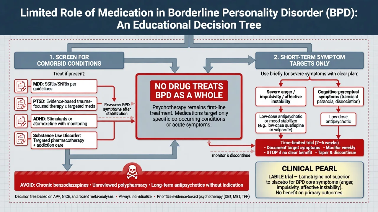 Decision tree showing no drug treats BPD as a whole, comorbidity treatment, short-term symptom targets, LABILE pearl