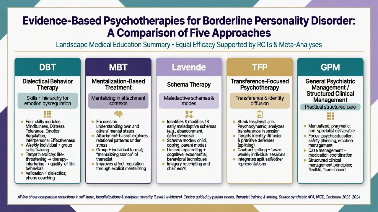 Five-panel comparison of DBT MBT schema therapy TFP and GPM for BPD