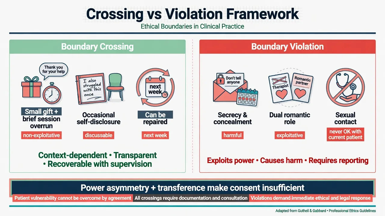 Two-panel comparison of boundary crossing versus boundary violation with power-asymmetry note
