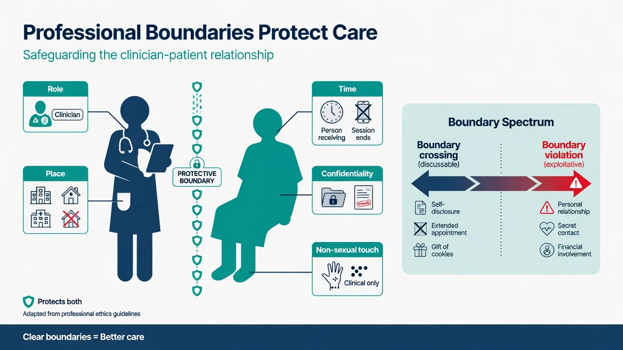 Educational diagram of protective professional boundaries between psychiatrist and patient with labeled frame elements