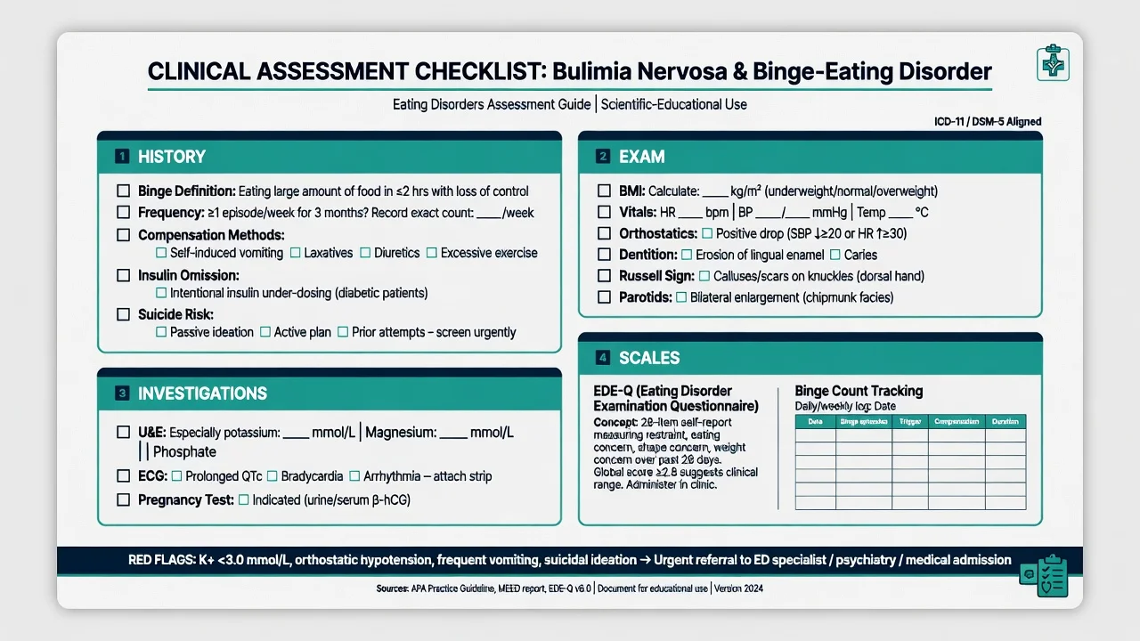 Clinical assessment checklist for BN and BED covering history, exam, investigations, and scales