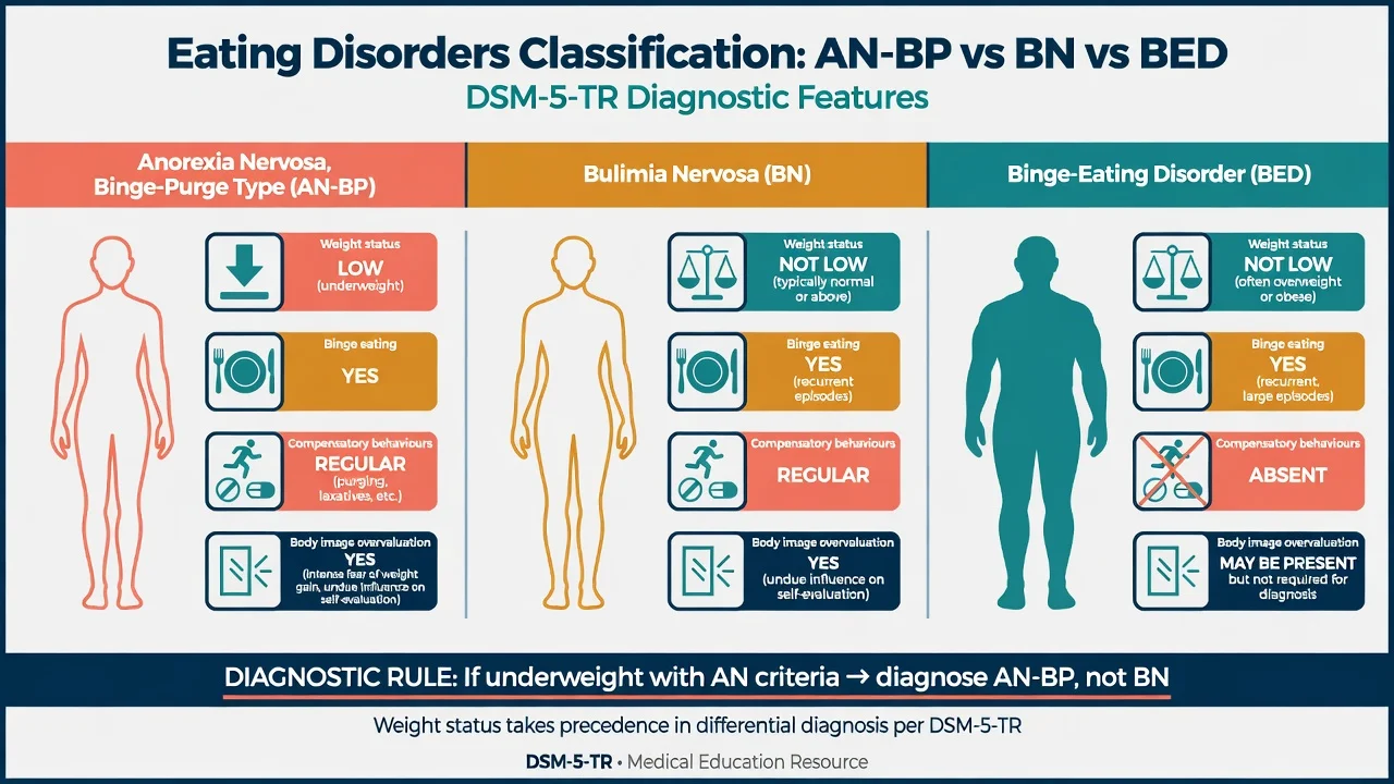 DSM-5-TR comparison of AN binge-purge type, bulimia nervosa, and binge-eating disorder by weight, binge, compensation, and body image