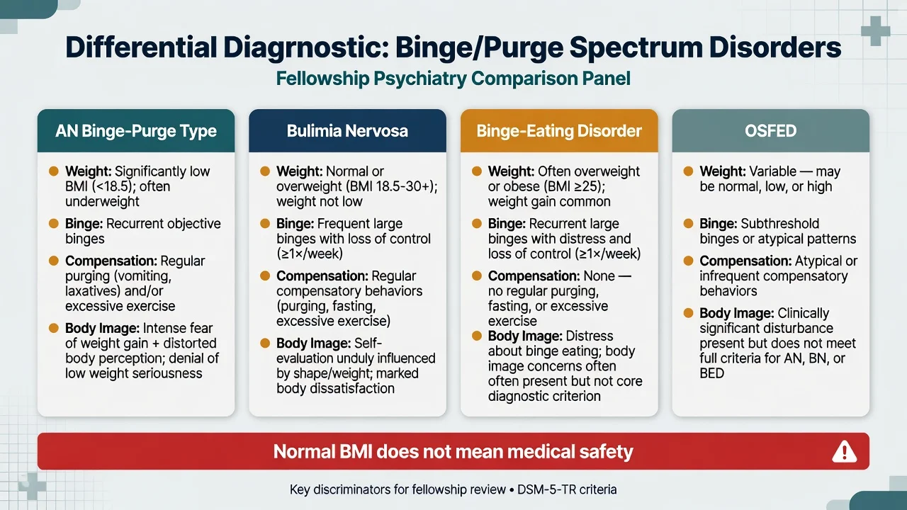 Four-panel differential: AN binge-purge type, bulimia nervosa, binge-eating disorder, and OSFED with red banner that normal BMI is not medical safety