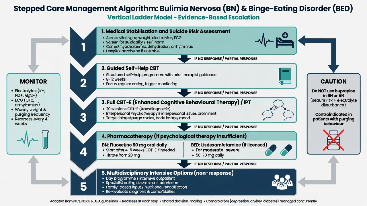 Stepped care ladder for BN and BED from medical stabilisation through guided self-help, CBT-E, medication, and intensive options