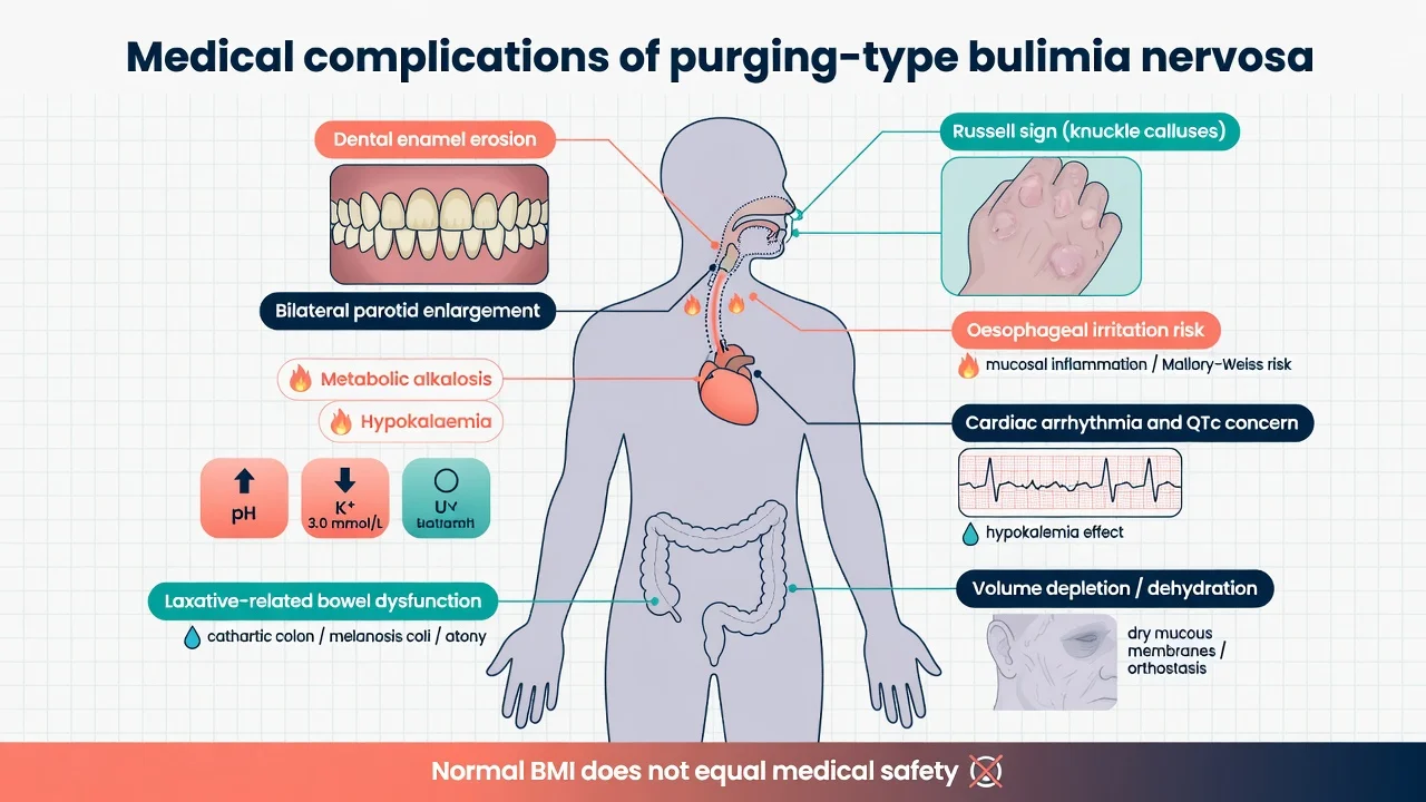 Labeled silhouette of medical complications of purging-type bulimia nervosa including electrolytes, dental, parotid, Russell sign, and cardiac risk