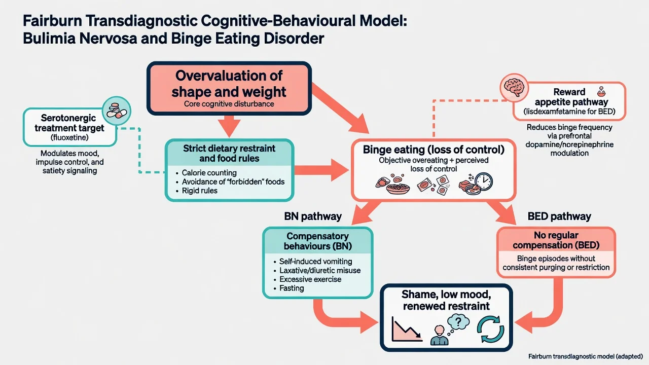 Fairburn transdiagnostic model: overvaluation of shape and weight leading to restraint, binge eating, and BN versus BED pathways