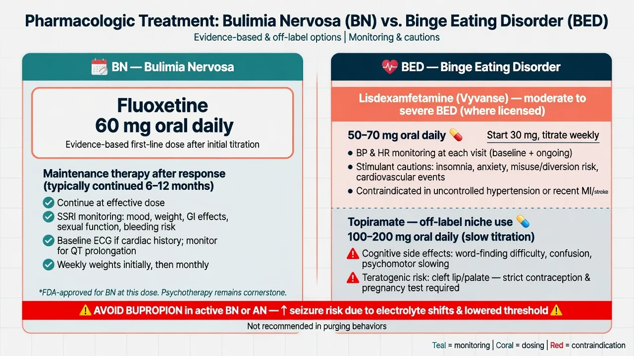 Pharmacology comparison: fluoxetine sixty milligrams for bulimia nervosa versus lisdexamfetamine and topiramate considerations for binge-eating disorder with bupropion warning