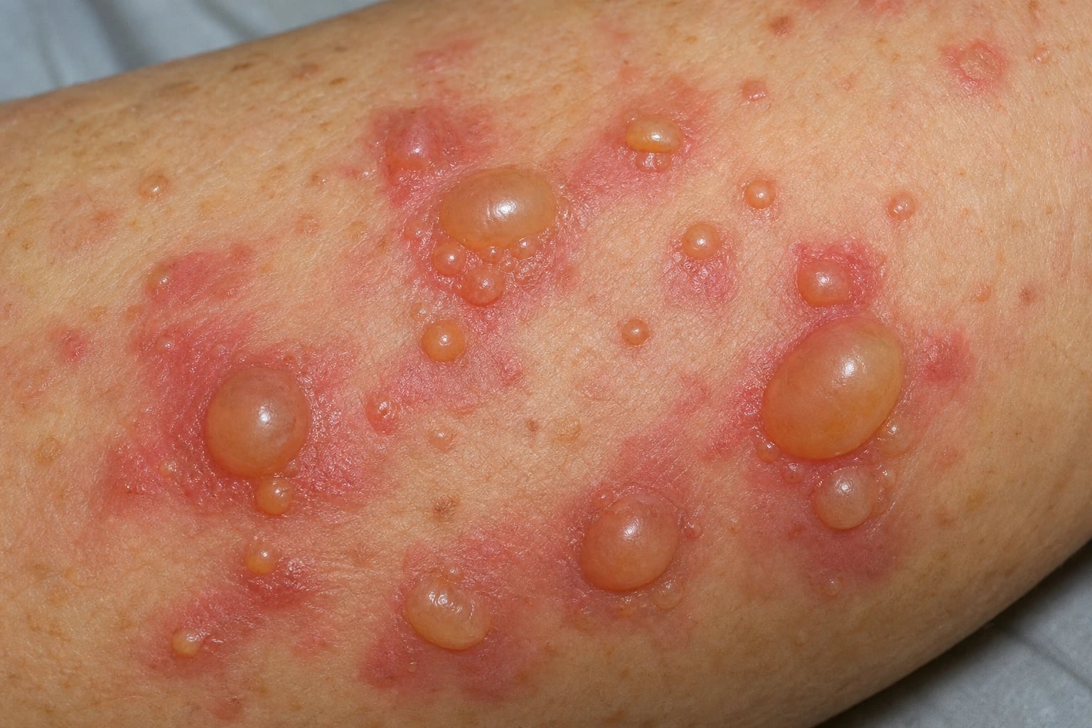 Multiple tense dome-shaped clear and haemorrhagic bullae on an erythematous base on the trunk and proximal thighs of an elderly patient, with surrounding urticarial plaques