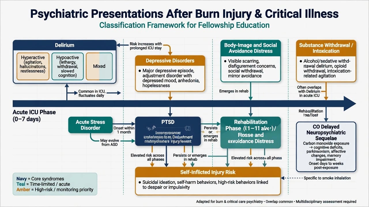 Classification framework of psychiatric presentations after burn injury and critical illness across ICU to rehabilitation timeline