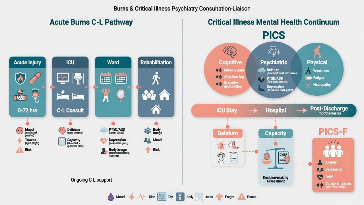 Educational dual-panel illustration of acute burns consultation-liaison pathway and critical illness mental health continuum including PICS domains