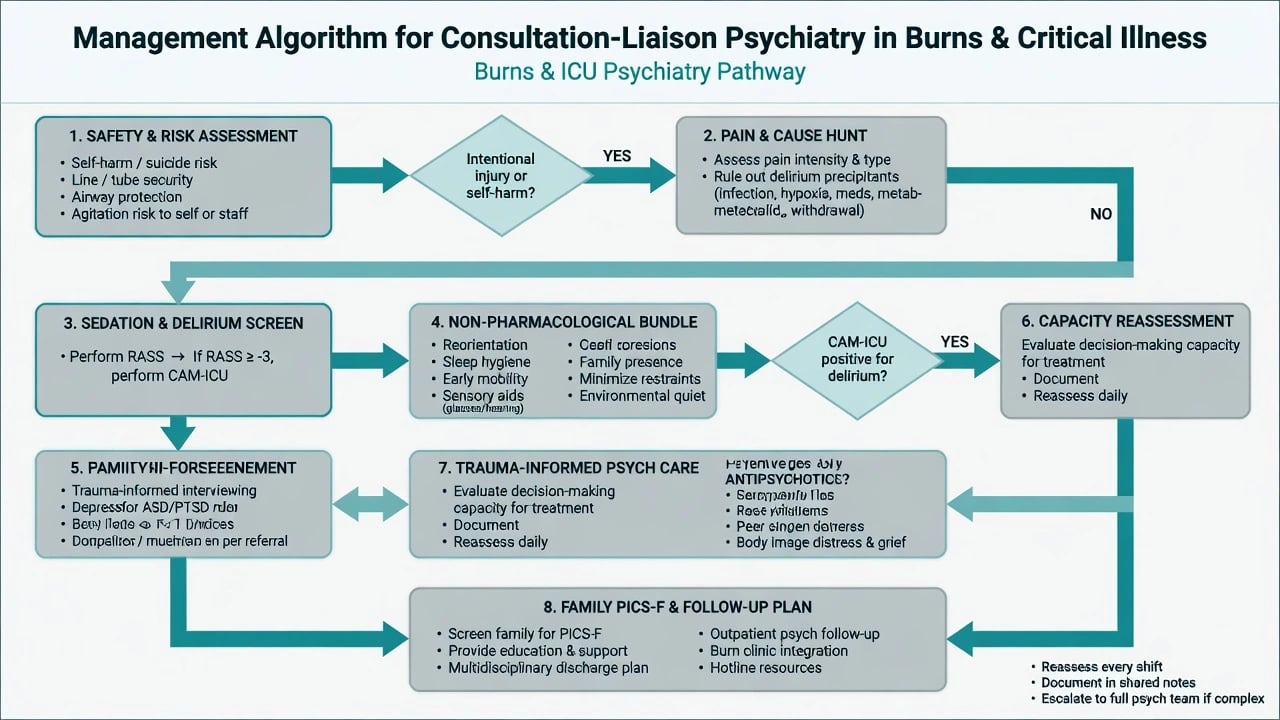 Management algorithm for consultation-liaison psychiatry in burns and critical illness from safety and pain through delirium screening, trauma-informed care, capacity, and family follow-up