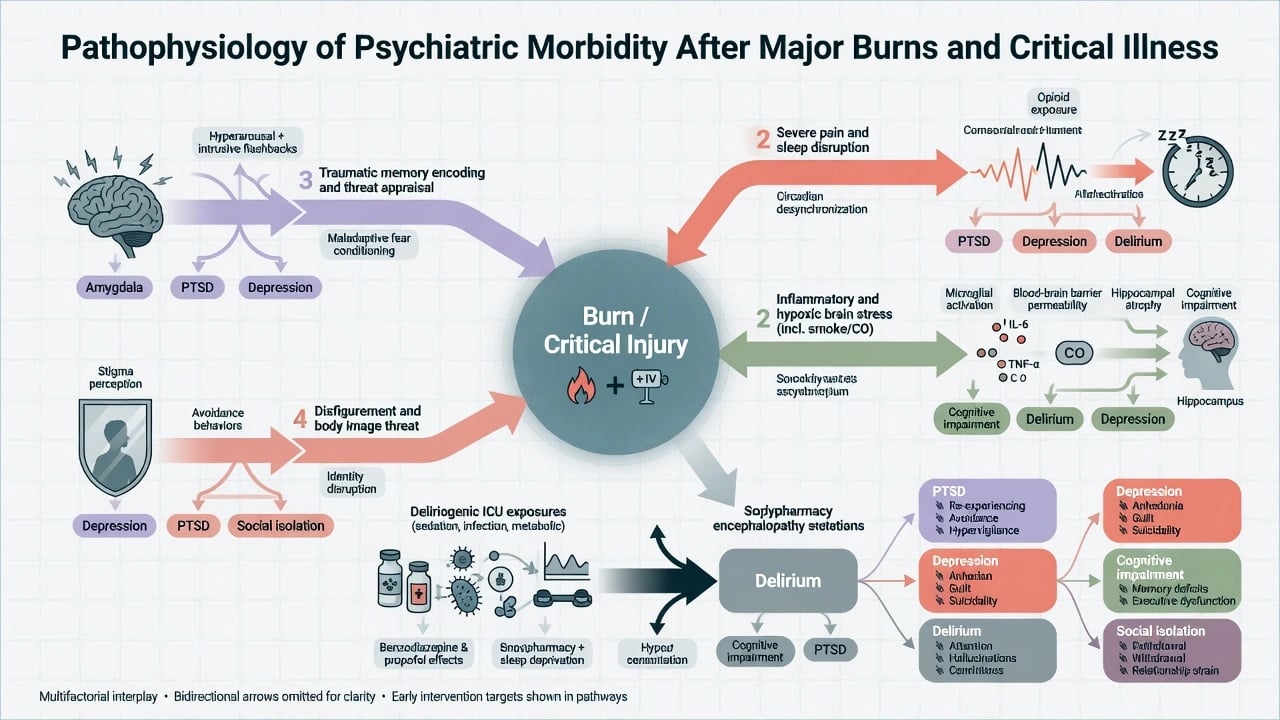 Pathophysiology map linking burn and critical injury to traumatic memory, pain, inflammation including CO, body image threat, and deliriogenic ICU exposures with psychiatric outcomes