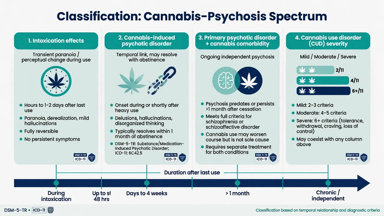 Four-column classification of cannabis intoxication, substance-induced psychosis, primary psychosis with cannabis comorbidity, and cannabis use disorder severity