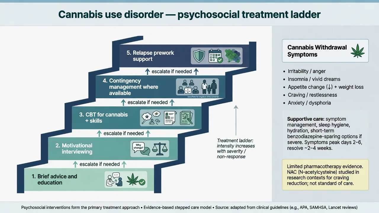 Psychosocial treatment ladder for cannabis use disorder and withdrawal support