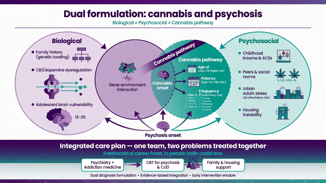 Dual formulation diagram integrating biological psychosocial and cannabis pathway factors