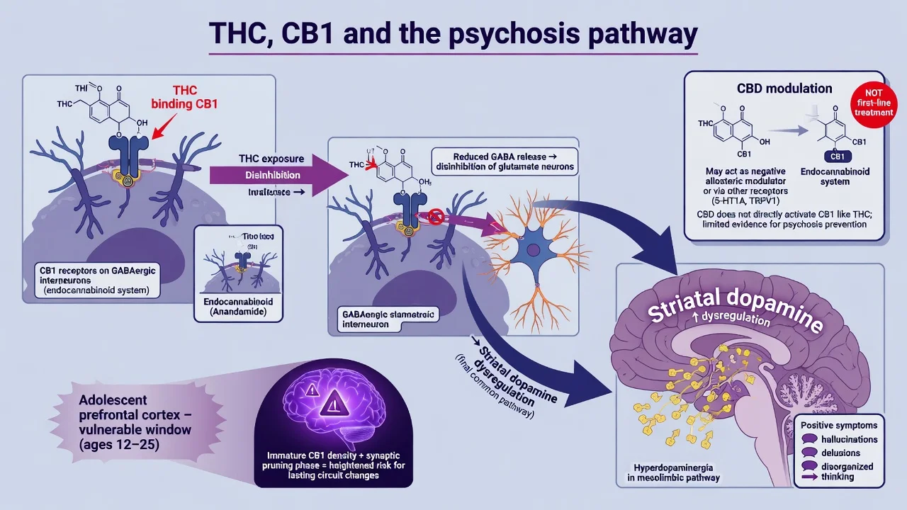 THC acting on CB1 receptors leading toward striatal dopamine dysregulation and positive symptoms
