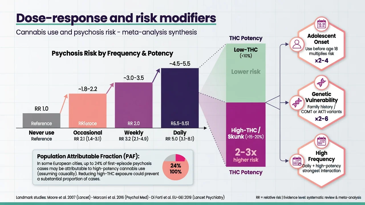 Infographic of dose-response and potency risk modifiers for cannabis and psychosis