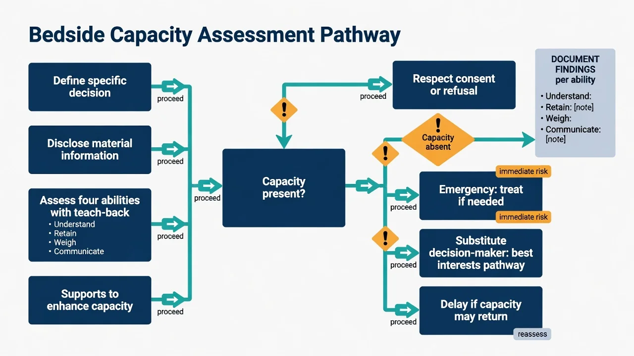 Flowchart of bedside capacity assessment from defining the decision through consent, emergency treatment, substitute decision, or delay