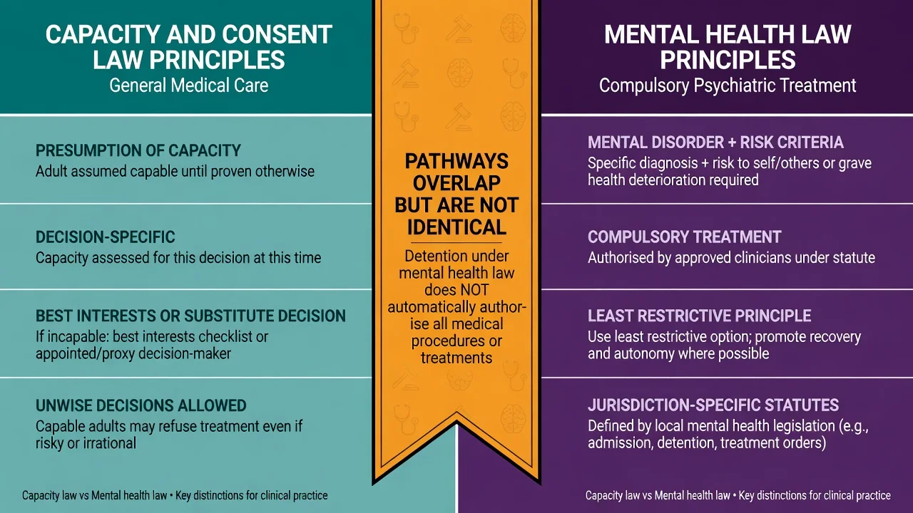 Side-by-side comparison of capacity and consent law principles versus mental health law principles