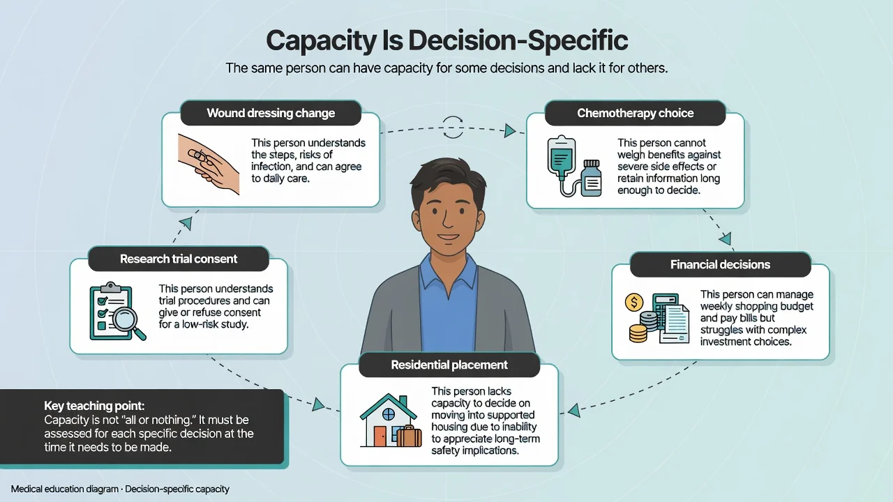 Diagram showing one person may retain capacity for simple decisions but lack capacity for complex treatment or placement decisions