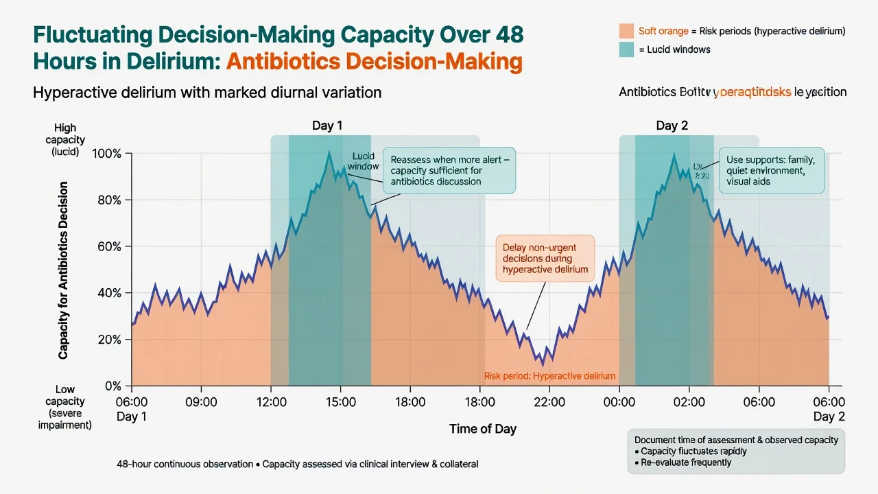 Timeline chart of fluctuating capacity over 48 hours in delirium with lucid windows and risk periods