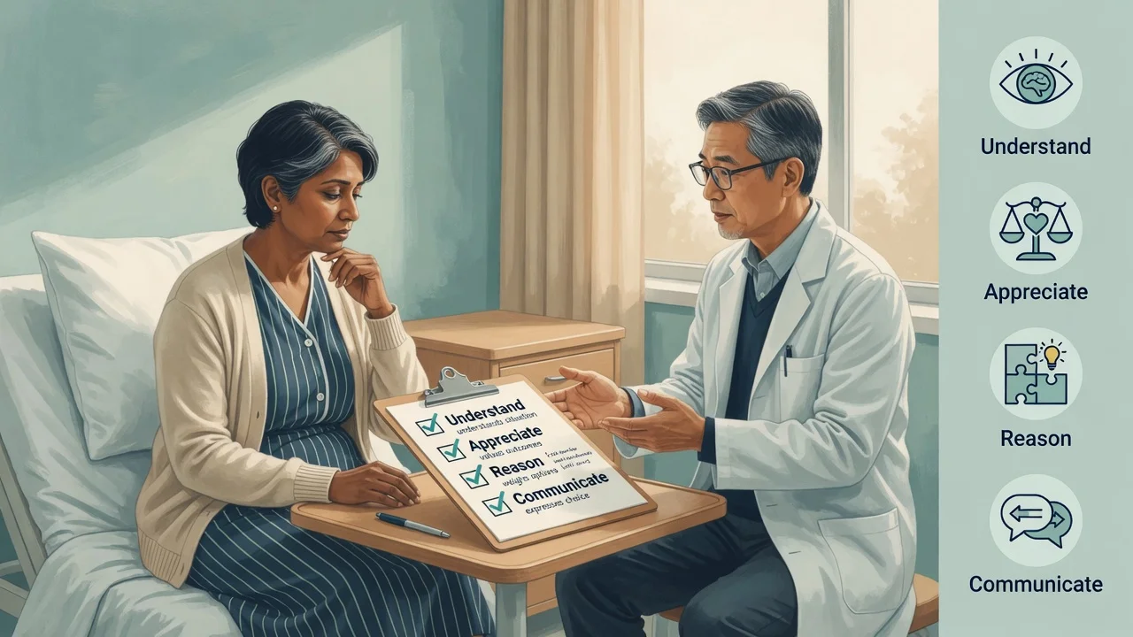 Consultation-liaison psychiatrist assessing decision-making capacity with a medical inpatient using a four-ability checklist