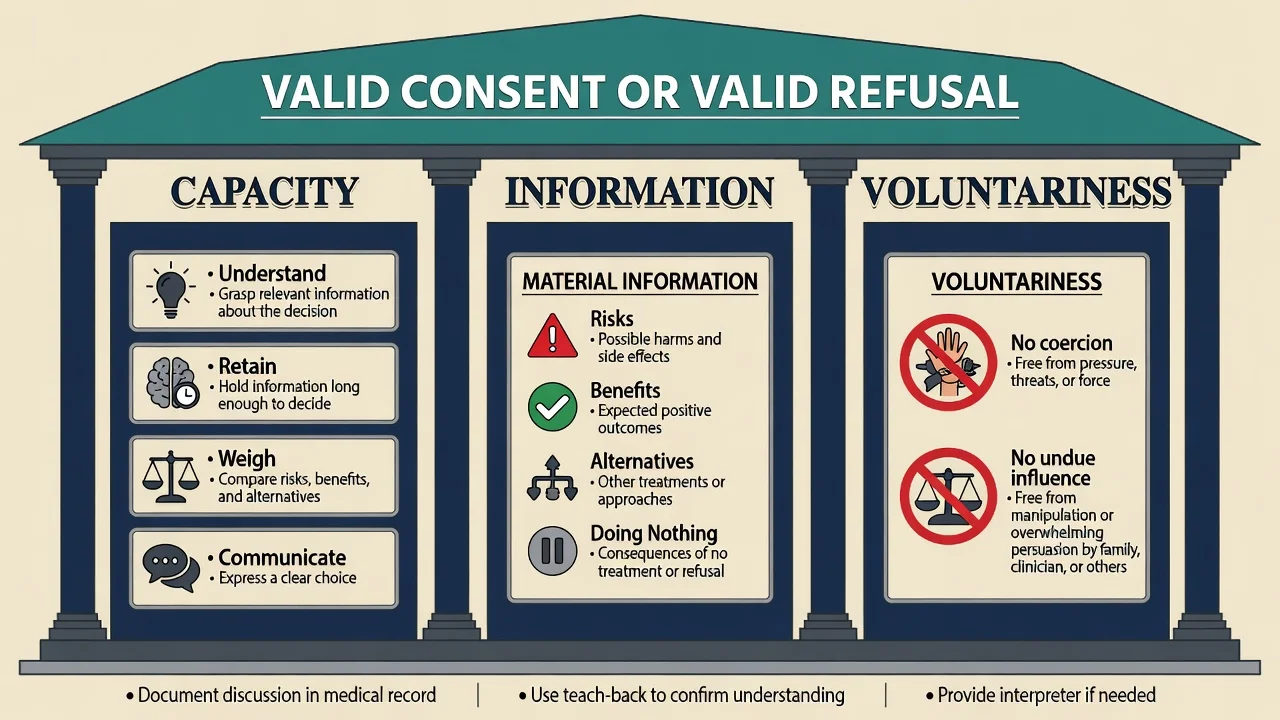 Three-pillar diagram of valid consent: capacity, material information, and voluntariness